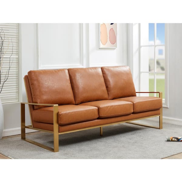Leisuremod Jefferson 77.1 in. Square Arm Faux Leather Modern Rectangle Sofa in Brown
