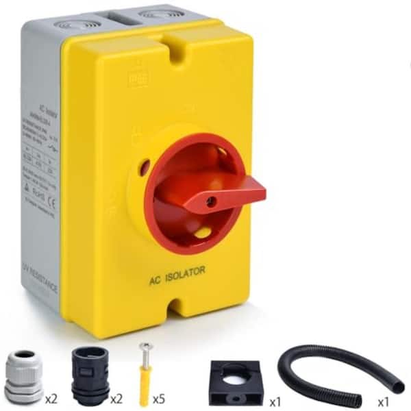 32 Amp 4-Space Outdoor AC Disconnect Switch, IP66 Waterproof 110-690V AC 4-Pole 3-Phase Isolator