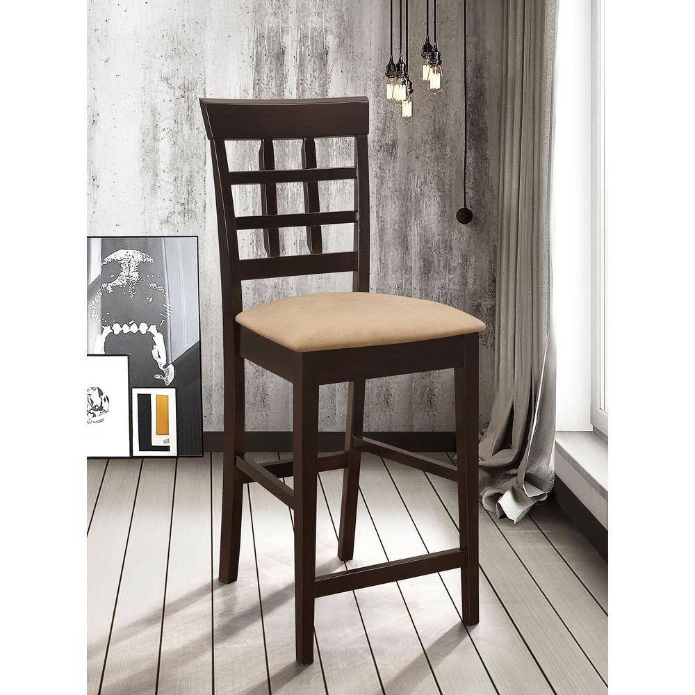 Cappuccino Wood Grid Back Bar Stools with Cream Cushions, Set of 2