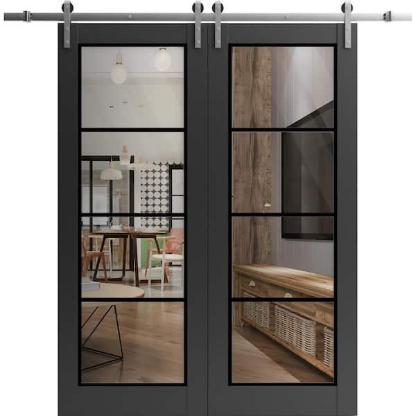 30 in. x 84 in. 2 Panel Clear Glass Black Matte Solid Wood Sliding Barn Door with Hardware Kit
