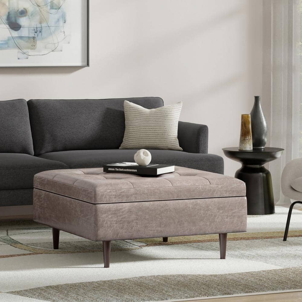 Shay 38" Distressed Grey Taupe Faux Leather Tufted Cocktail Ottoman