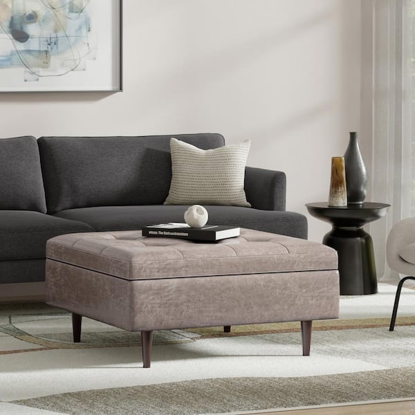 Simpli Home Shay Distressed Grey Taupe Mid Century Faux Leather Large Square Coffee Table Storage Ottoman