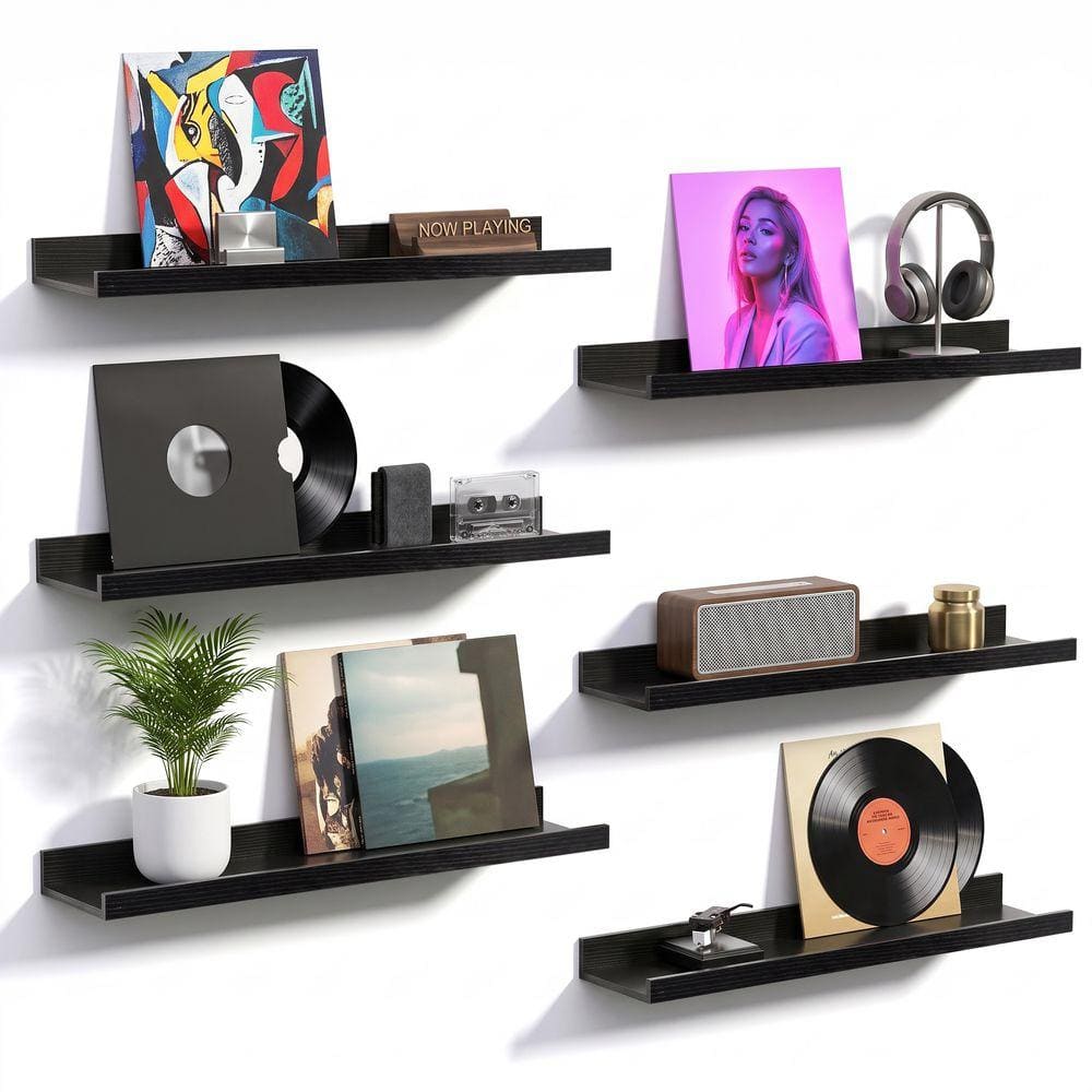 23.6 in. W x 5.1 in. D Black Wooden Picture Ledge Decorative Wall Shelf 6-Pack for Living Room, Bedroom, Nursery