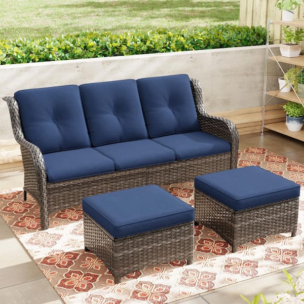 JOYSIDE Wicker Outdoor Patio Sofa Sectional Set with Blue Cushions and Ottoman
