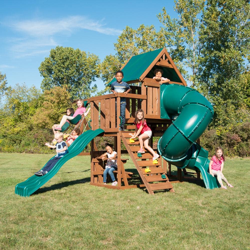 Denali Tower Wooden Playset with Green Slides and Swings