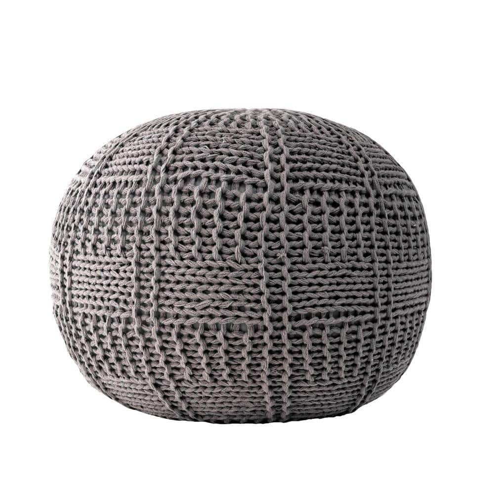Gray Round Cotton Knitted Ottoman Pouf, 20" Diameter