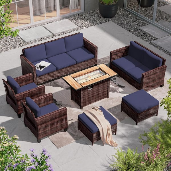 JOYESERY 7-Pieces Patio Conversation Set with Rectangle Fire Pit Table and Loveseat, Brown Wicker with Navy Blue Cushions