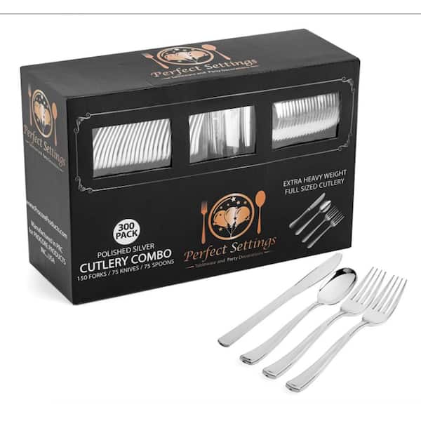 PERFECT SETTINGS Smooth 300 Piece Silver Disposable Plastic Flatware Cutlery  Set (Service for 75) 300FLATSVL - The Home Depot