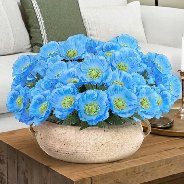 LIVING LUXURY 14 in. Blue Artificial Poppy Flower Stem Bush