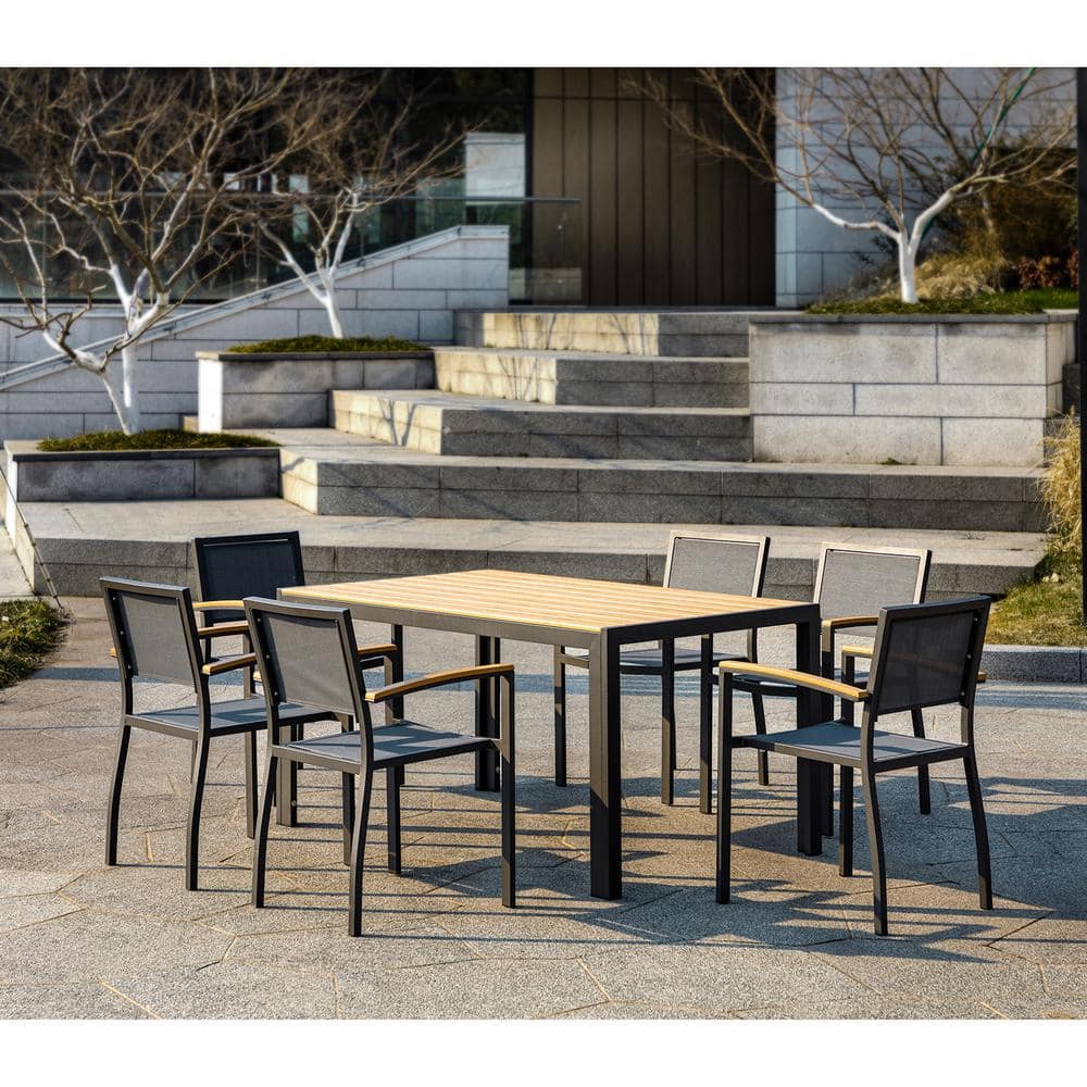 Grey 7-Piece Metal Rectangular Outdoor Dining Set with Wooden Table Top