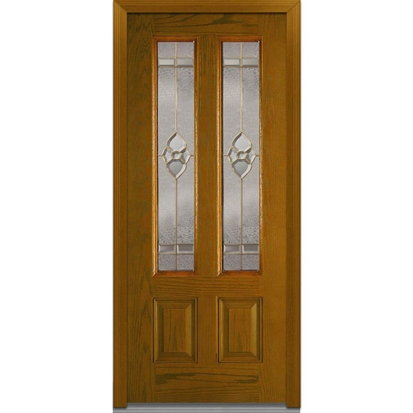 MMI Door 36 in. x 80 in. Master Nouveau Right-Hand Inswing 2-Lite Decorative 2-Panel Stained Fiberglass Oak Prehung Front Door