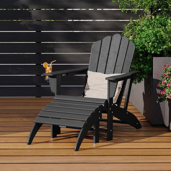 Aderson 2-Piece All Weather Outdoor Patio HDPE Adirondack Chair with Cup Holder and Matching Ottoman in Black