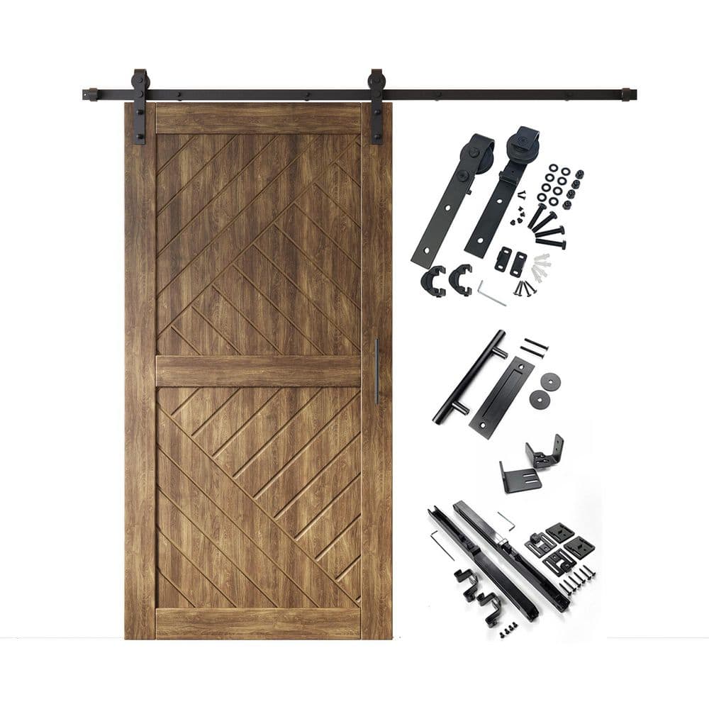 HT 40 in. x 80 in. C-Panel Dark Walnut Geometric Design Solid Pine Wood Sliding Barn Door with Hardware Kit price history on PriceWatchPro
