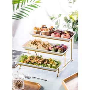 3-Tier Serving Tray Set with Collapsible Sturdier Stand and 14 in. Large Platters for Party Food Display, White