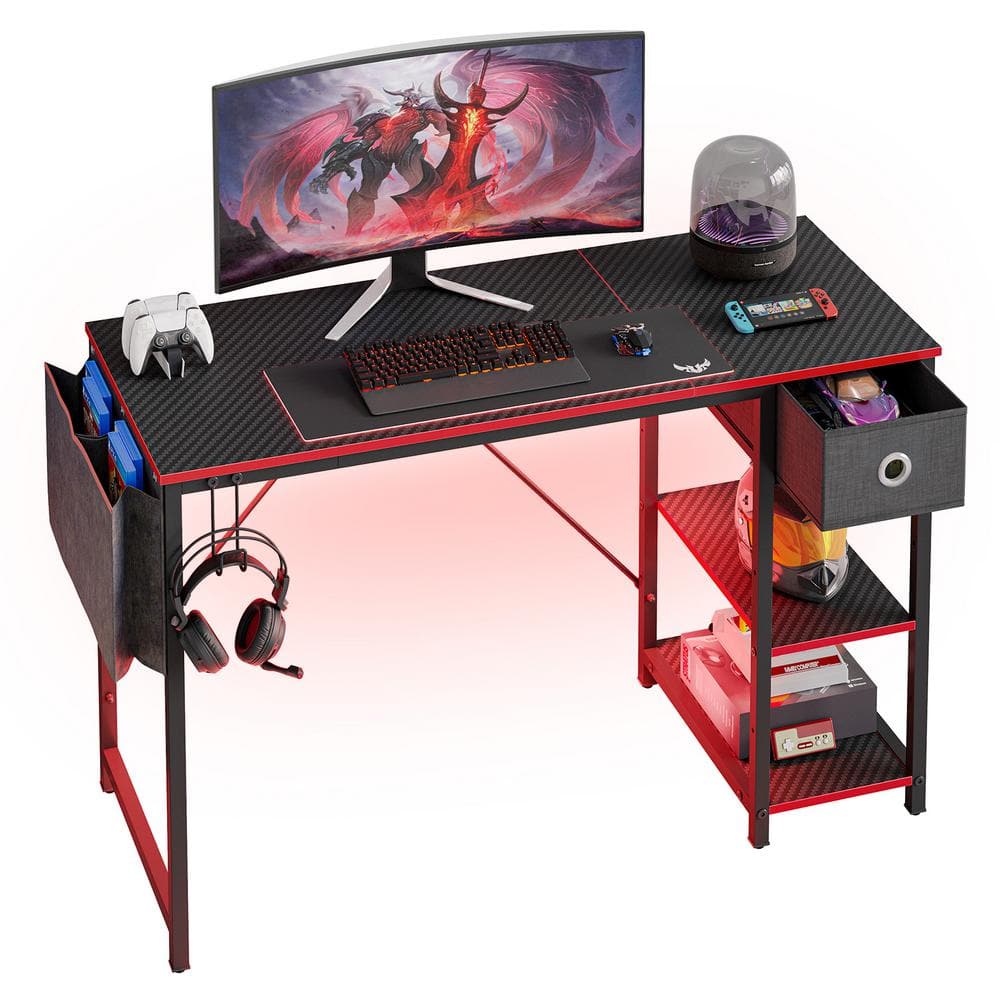 Bestier 47 in. Rectangular Reversible Black Carbon Fiber LED Computer Desk with Storage Drawer, Adjustable Shelf and Side Bag