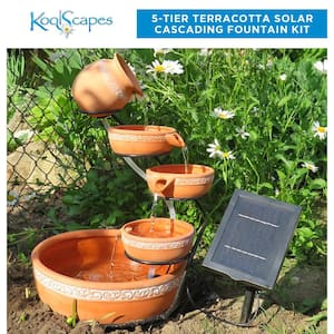 Solar-Powered 5-Tier Cascading Fountain, Terracotta Clay, Self-Contained Water Feature