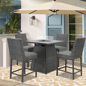 Modern 5-Piece Gray Wicker Outdoor Patio High Dining 50000 BTU Fire Pit Seating Set with Guard and Cover