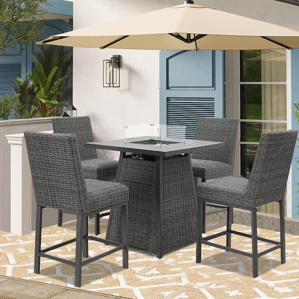 Runesay Modern 5-Piece Gray Wicker Outdoor Patio High Dining 50000 BTU Fire Pit Seating Set with Guard and Cover