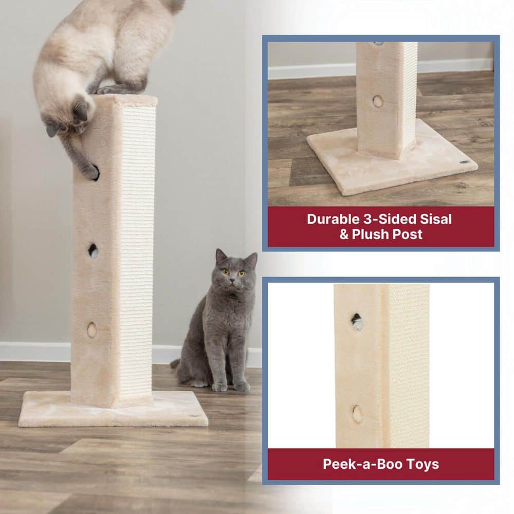 Beige Sisal and Plush Cat Scratching Post with Peek-a-Boo Toys