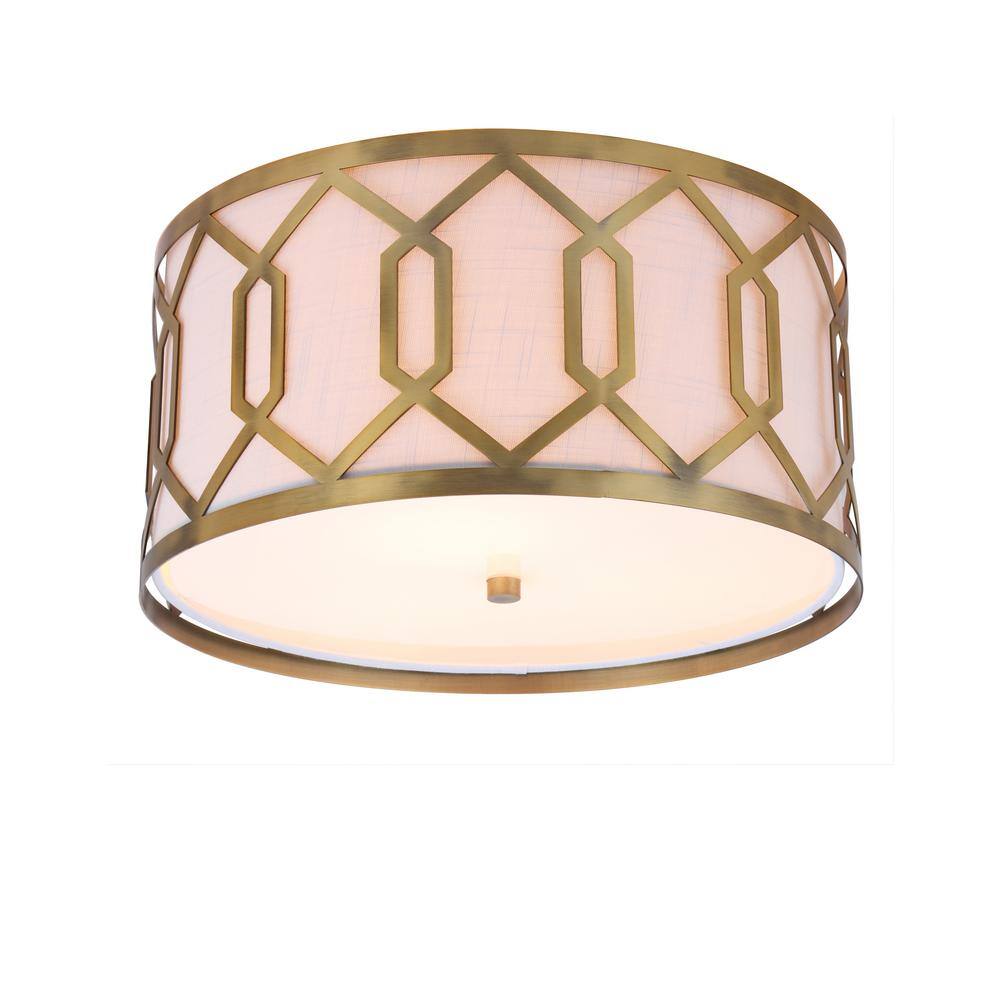 Satin Brass Hex 3-Light 16.25" Metal LED Flush Mount with Linen Shade