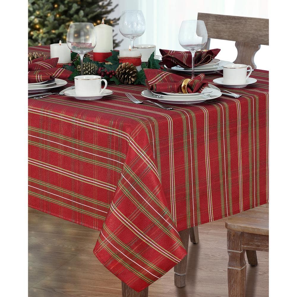 Red and Green Shimmering Plaid Holiday Fabric Tablecloth, 60" x 84"