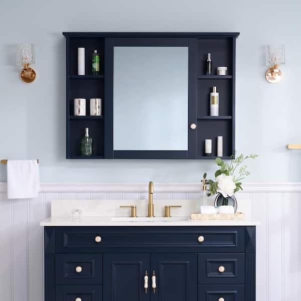 ANGELES HOME 42 in. W x 30 in. H Rectangular Navy Blue Solid Wood Surface Mount Medicine Cabinet with Mirror,Soft-Closed Doors, Shelf