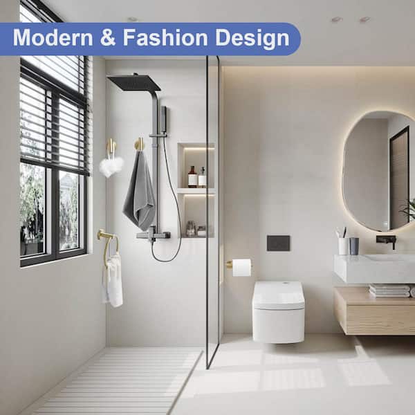 4-Piece Bath Hardware Set with Robe Hooks, Towel Ring, Toilet Paper Holder Modern in Brushed Gold
