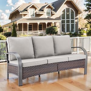 Iron Bend Series 3-Seat Brown Wicker Outdoor Patio Sofa Couch with Beige Cushions