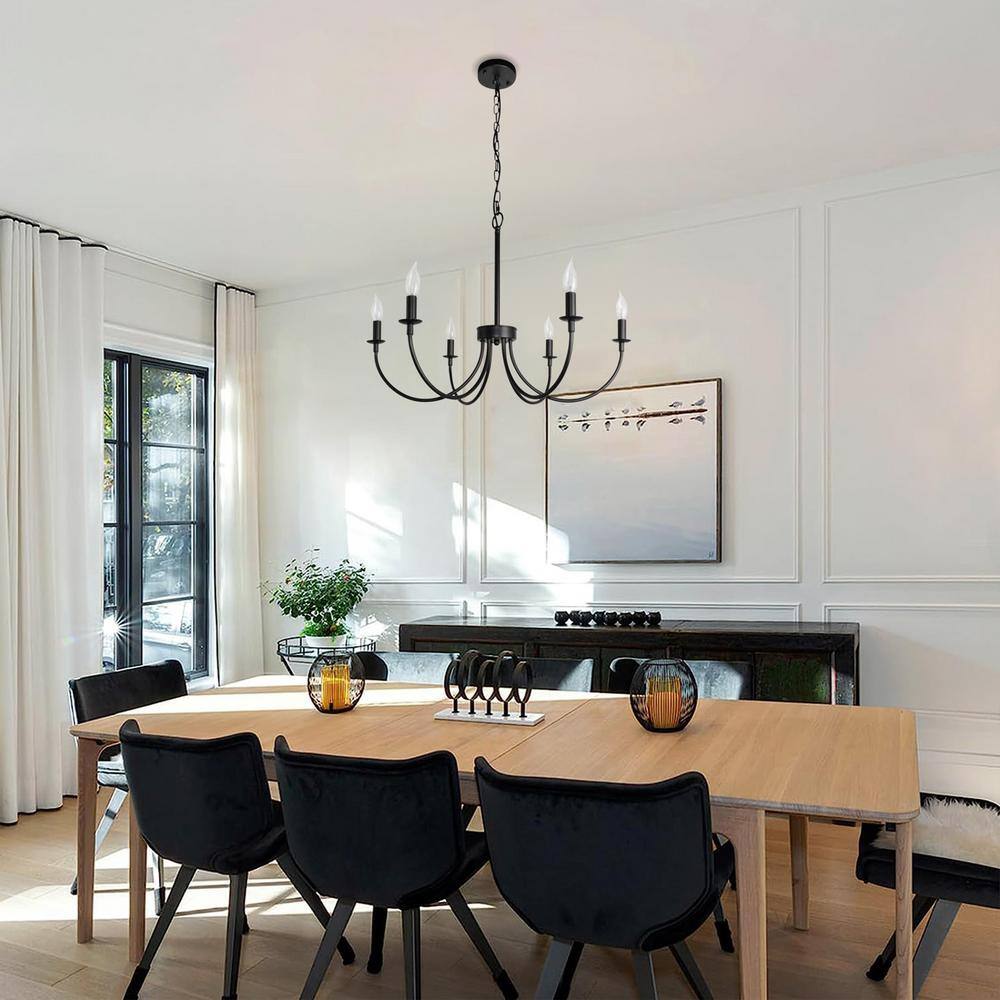 Black Metal 6-Light Candle Style Chandelier with Adjustable Chain