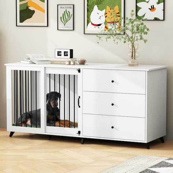 FUFU&GAGA Wooden Large Dog Crate Furniture Style Storage Cabinet, Heavy-Duty Dog Kennel with 3-Drawers for Large Dogs, White