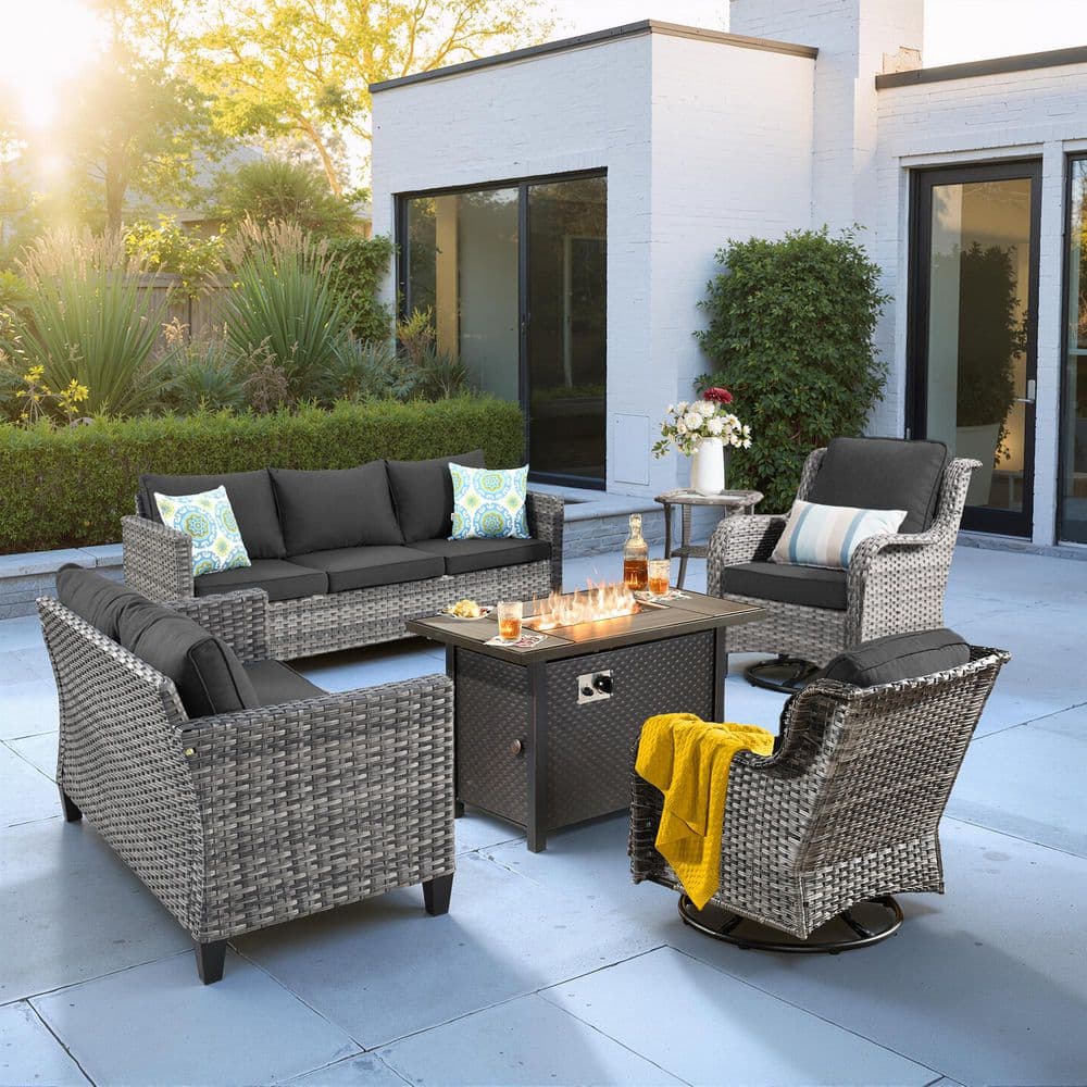 Muse 6-Pieces Wicker Outdoor Patio 42 in. Rectangular Fire Pit Set and Swivel Rocking Chairs with Black Cushions price history on PriceWatchPro