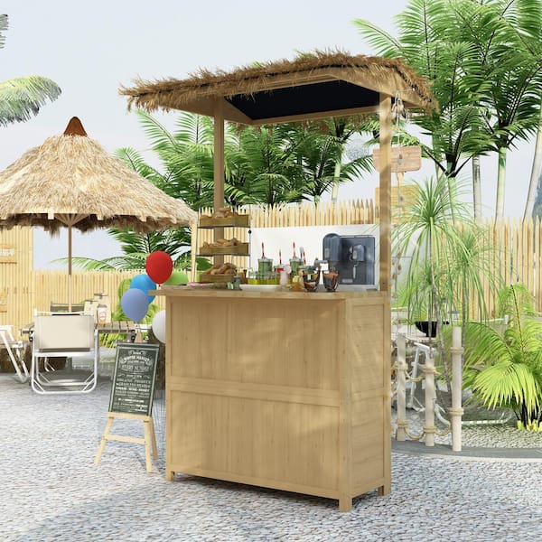 FUFU&GAGA Outdoor Wooden Island Bar with Thatched Roof Bar Table