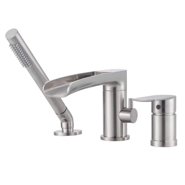 Single-Handle Tub Deck Mount Roman Tub Faucet with 360° Swivel Waterfall Spout with 59 in. Hose in Brushed Nickel