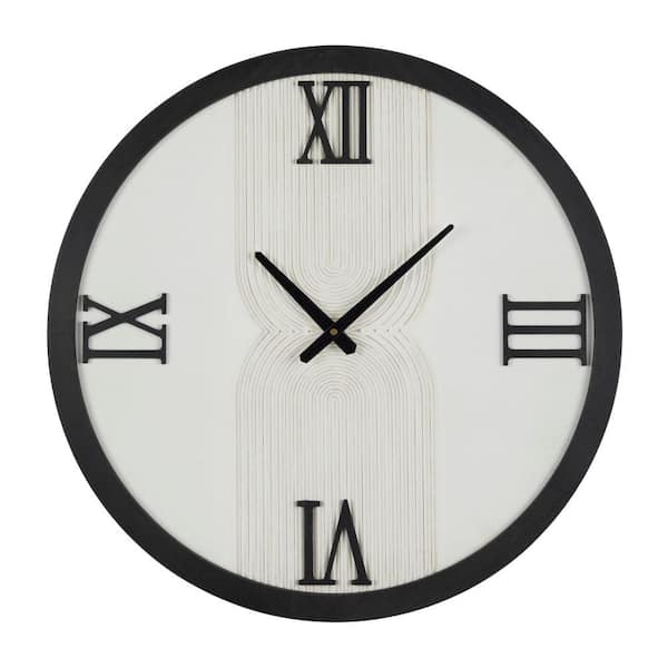 Litton Lane 24 in. x 24 in. White Wood Art Deco Inspired Line Art Geometric Wall Clock with Black Accents