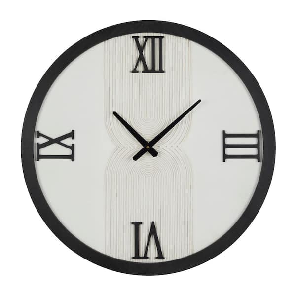Novogratz 24 in. x 24 in. White Wood Art Deco Inspired Line Art Geometric Wall Clock with Black Accents