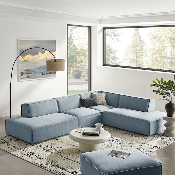 Restore 96.6 in. Performance Polyester Fabric Upholstered 4-Piece Modular L-Shaped Armless Sectional Sofa in Sky