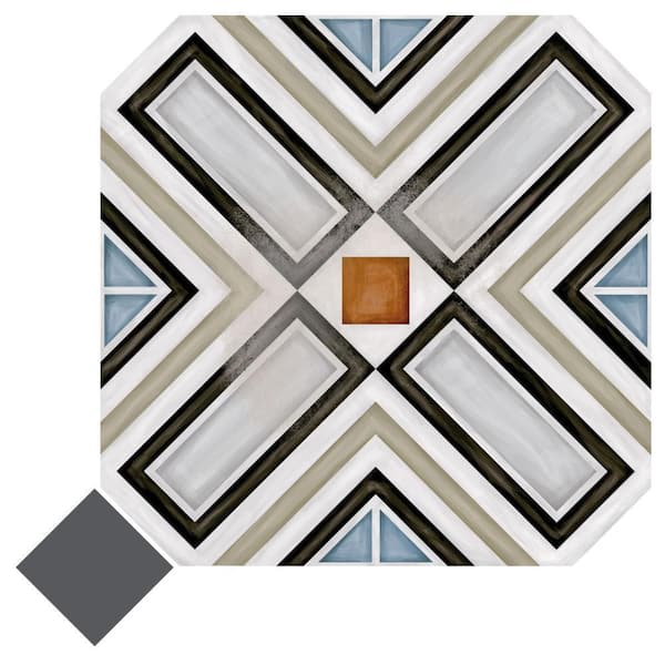 Merola Tile Vaudeville Octagon Deco Ritter with Taco Antracita 8 in. x 8 in. Porcelain Floor and Wall Take Home Tile Sample