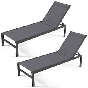 2-Piece 6-Position Lounge Chair Chaise Aluminium Adjust Recliner Grey