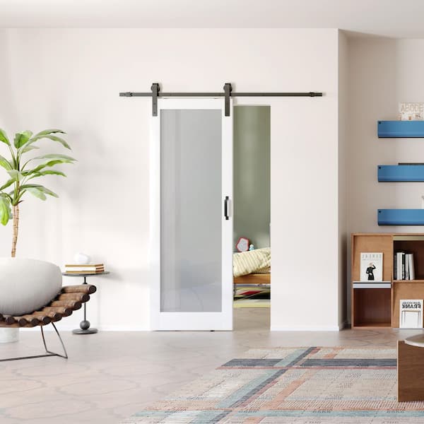 30in x 84in Full Lite, Frosted Glass, White Primed, Pre-assembled Panel, MDF Sliding Barn Door with Hardware Kit