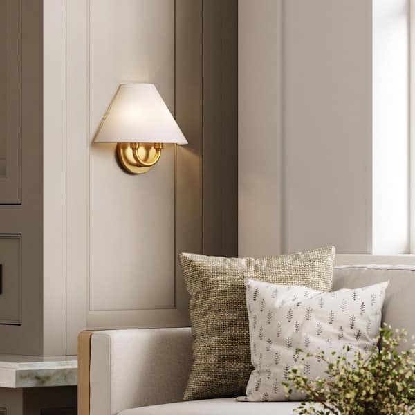Shoal 11 in. 2 Light Vintaged Brass Finish Modern Wall Sconce with White Linen Shade