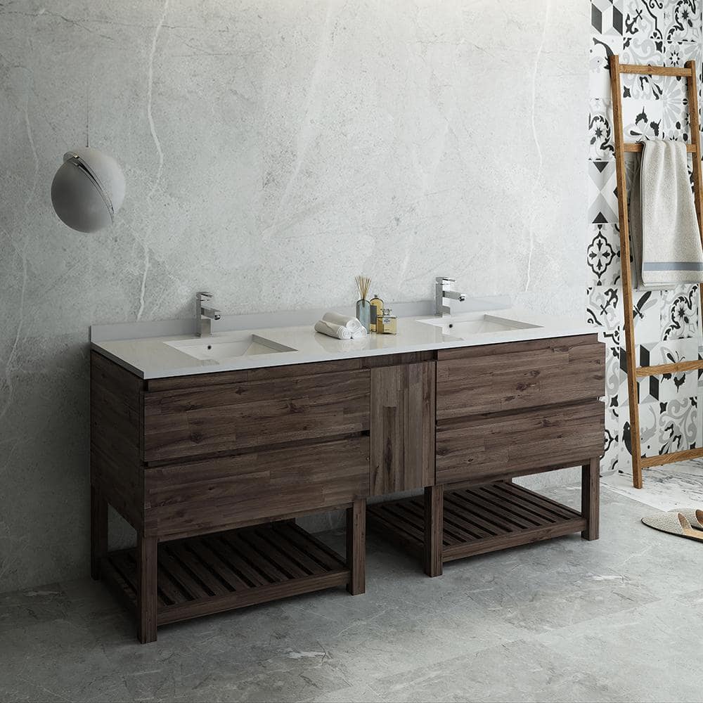 Acacia Wood 84" Double Sink Vanity with Quartz Top