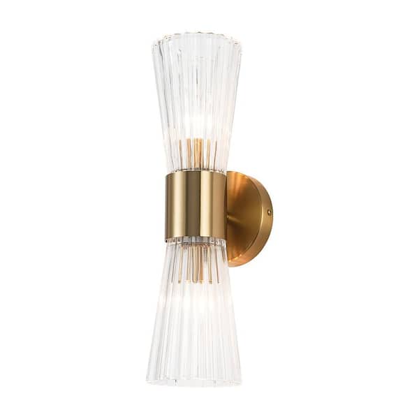 Nimbus 2-Light 16.5 in.W Brass Wall Sconce Up and Down Lighting Bathroom Vanity Light with Clear Rib Glass