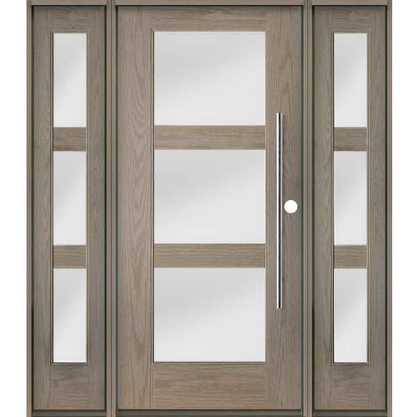 Krosswood Doors Faux Pivot 64 in. x 80 in. 3-Lite Left-Hand/Inswing Satin Glass Oiled Leather Stain Fiberglass Prehung Front Door w/DSL