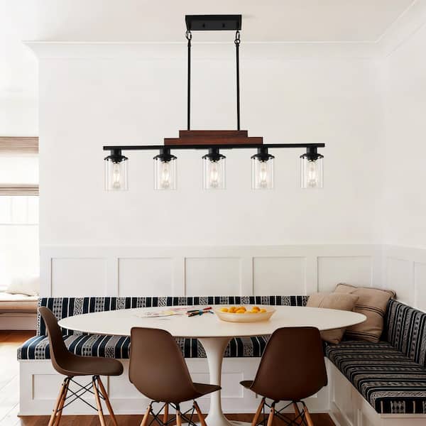 37.4 in. Modern Chandelier 5-Light Walnut + Black Chandelier For Dining Room or Kitchen with Clear Glass Shade