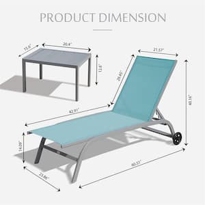 Set of 3 Aluminum Adjustable Outdoor Chaise Lounge in Lake Blue Seat with Wheel Beach Sunbathing Lounger with Side Table