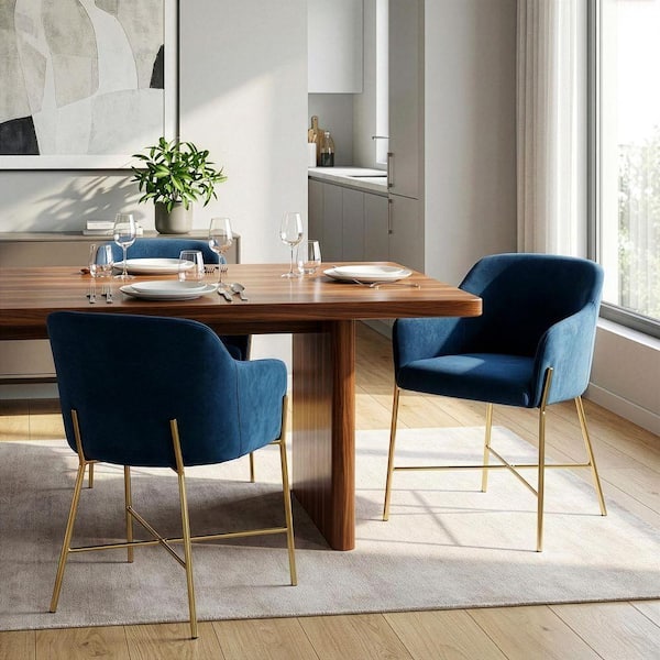 Ana Blue Velvet Arm Dining Chair with Golden Metal Legs