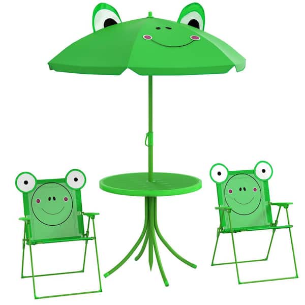 Unbranded 19.75 in. Kids Folding Round Metal Pacnic Tables and Chairs Set with Removable and Height Adjustable Sun Umbrella, Green