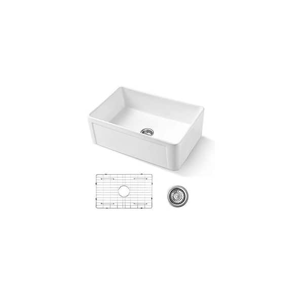 IDEAGLE 30 in Undermount Single Bowl White Fireclay Reversiable Kitchen Sink with Bottom Grids, Strainer Drain