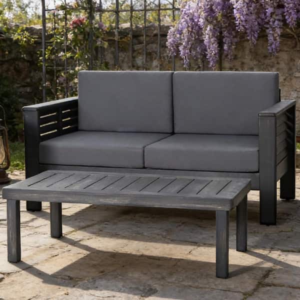 2-Piece Acacia Wood Patio Conversation Set with Grey Cushions