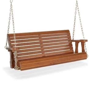 4 ft. 2-Person Brown Wood Porch Swing with Adjustable Chains and Treated PU-Painted Surface, Support Up to 880 lbs.